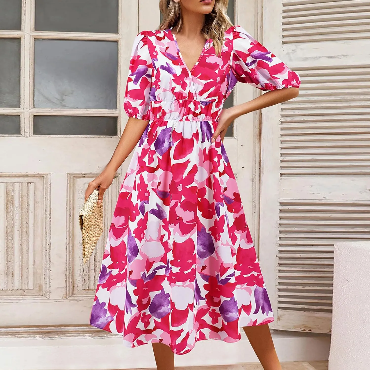 Women Casual Summer Flowy Midi Length Dresses Short Sleeve Tie Waist Pleated A-Line Swing Flowy Wedding Midi Dress