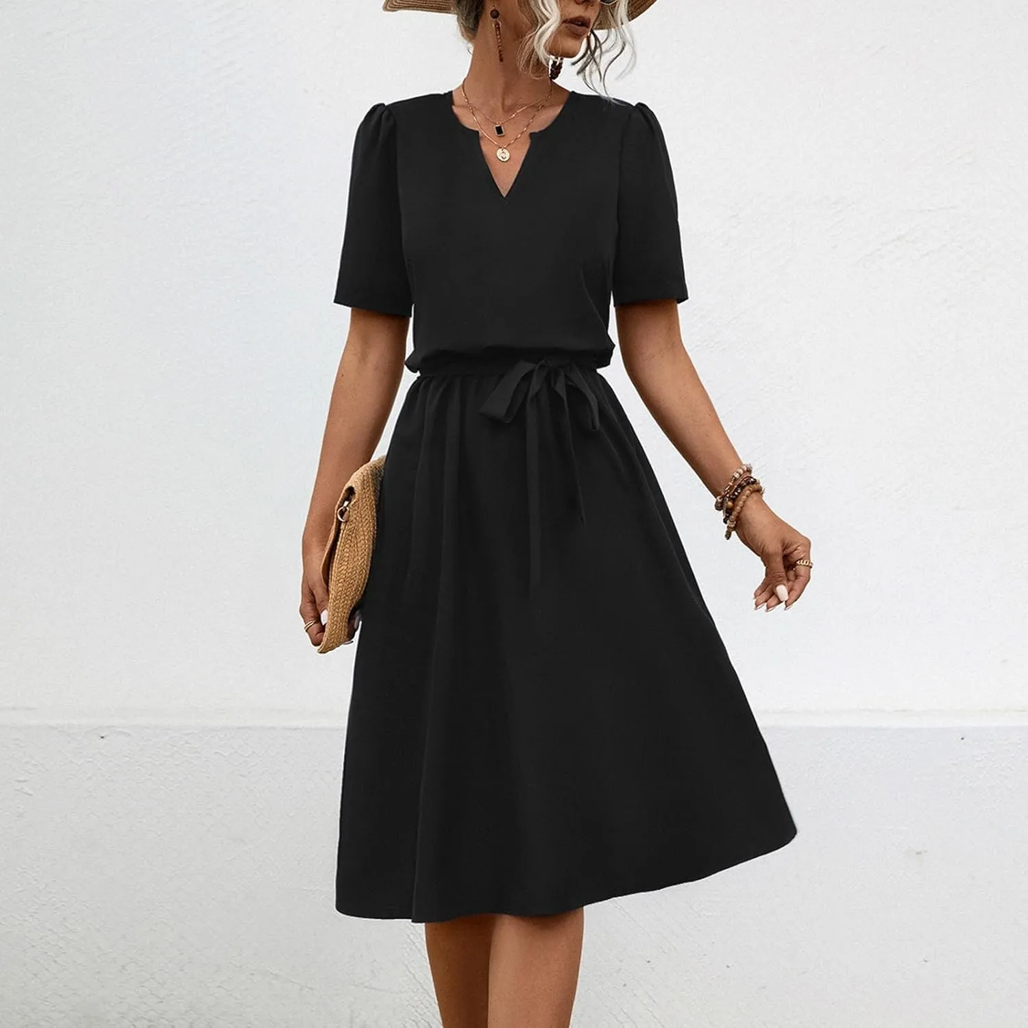 Women Casual Summer Flowy Midi Length Dresses Short Sleeve Tie Waist Pleated A-Line Swing Flowy Wedding Midi Dress