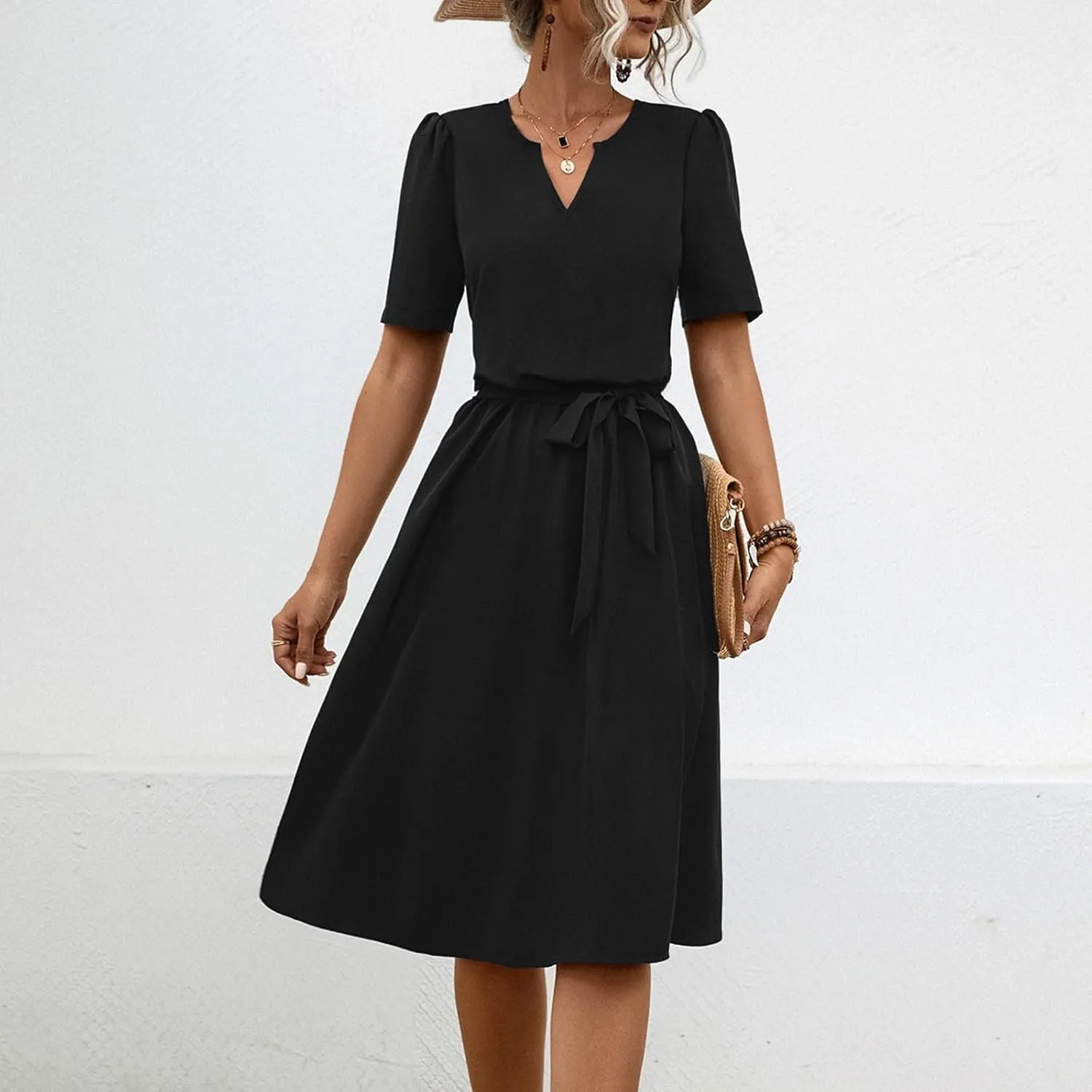 Women Casual Summer Flowy Midi Length Dresses Short Sleeve Tie Waist Pleated A-Line Swing Flowy Wedding Midi Dress