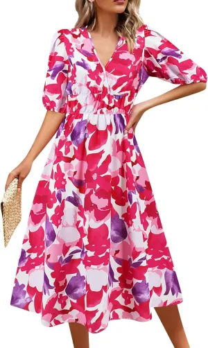 Women Casual Summer Flowy Midi Length Dresses Short Sleeve Tie Waist Pleated A-Line Swing Flowy Wedding Midi Dress