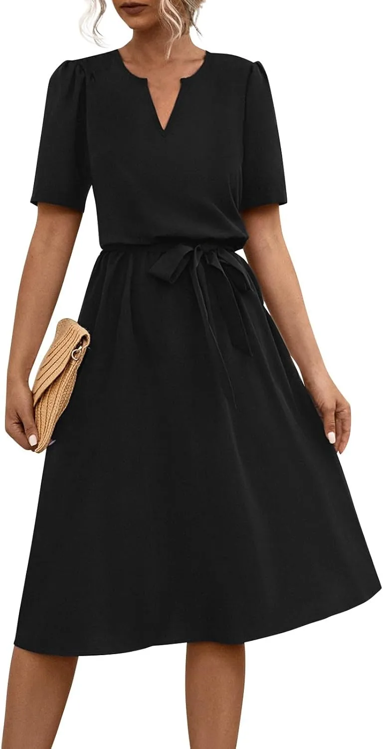 Women Casual Summer Flowy Midi Length Dresses Short Sleeve Tie Waist Pleated A-Line Swing Flowy Wedding Midi Dress