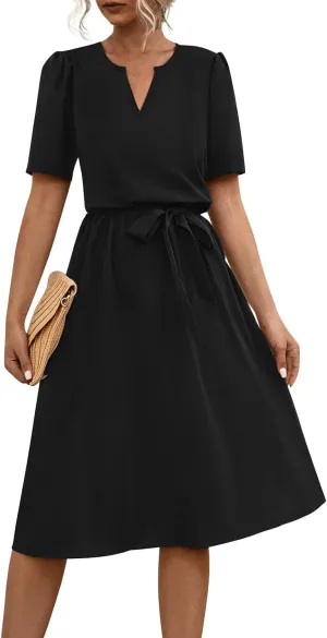 Women Casual Summer Flowy Midi Length Dresses Short Sleeve Tie Waist Pleated A-Line Swing Flowy Wedding Midi Dress