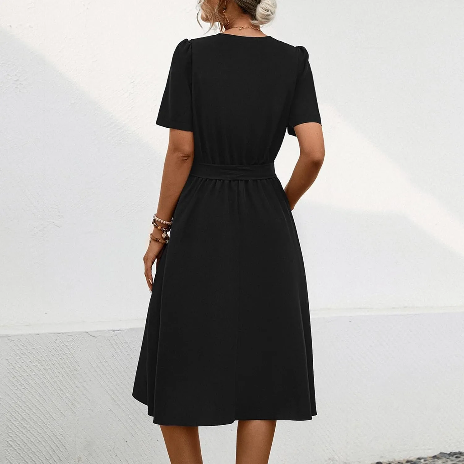 Women Casual Summer Flowy Midi Length Dresses Short Sleeve Tie Waist Pleated A-Line Swing Flowy Wedding Midi Dress