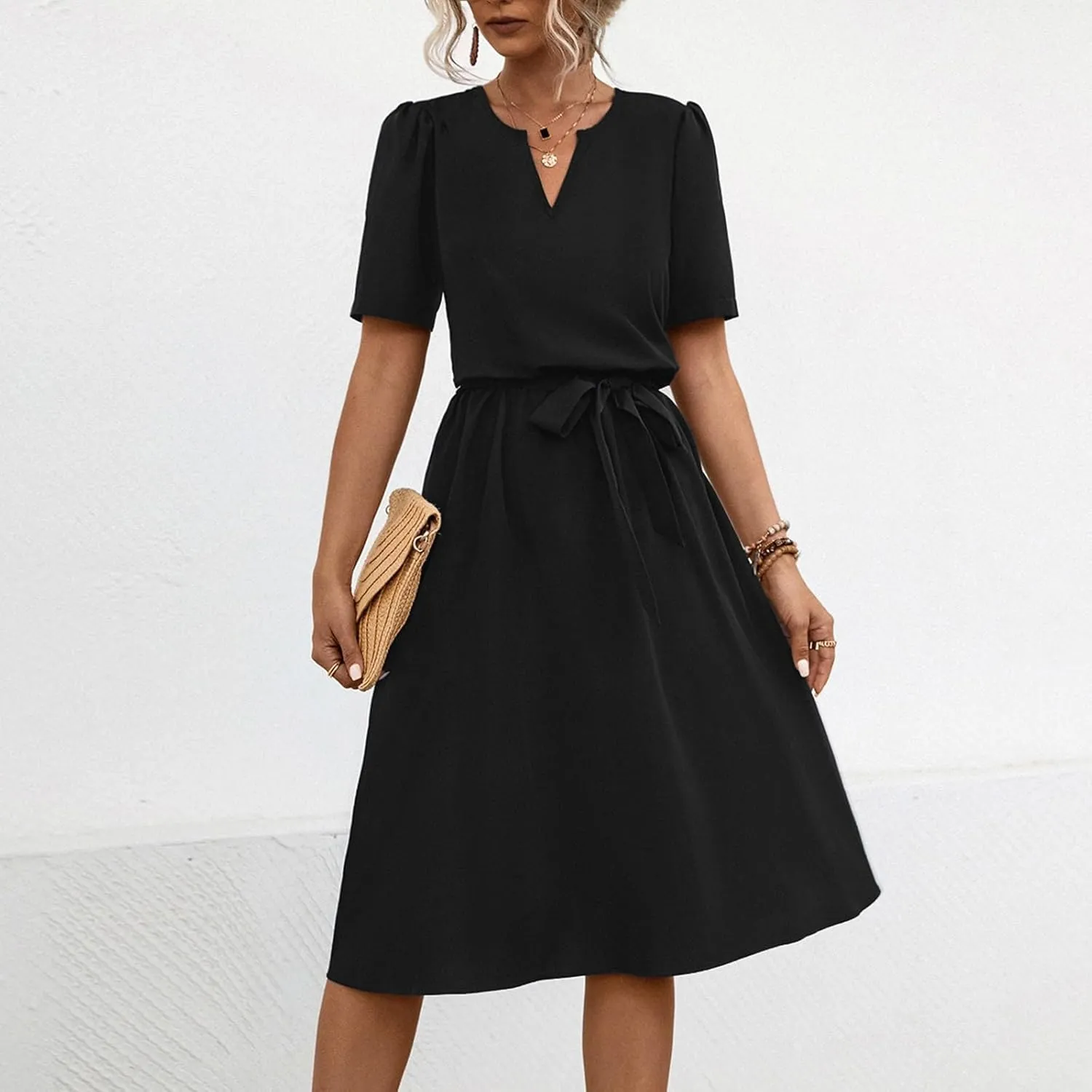 Women Casual Summer Flowy Midi Length Dresses Short Sleeve Tie Waist Pleated A-Line Swing Flowy Wedding Midi Dress