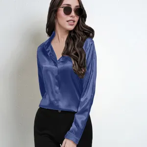 Womens Blouse  Satin Finish  Relaxed Fit  Long Sleeve V-Neck Button-Down