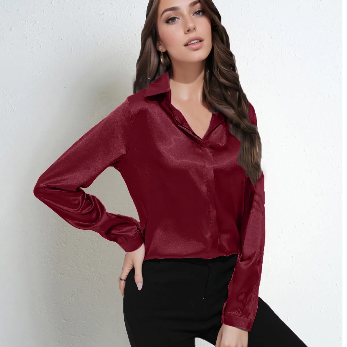 Womens Blouse  Satin Finish  Relaxed Fit  Long Sleeve V-Neck Button-Down