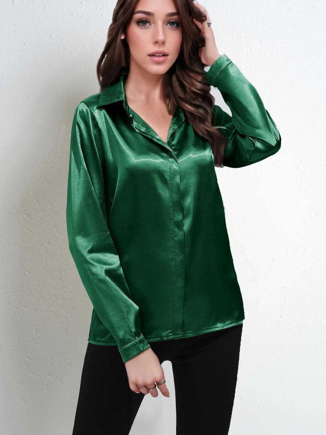 Womens Blouse  Satin Finish  Relaxed Fit  Long Sleeve V-Neck Button-Down