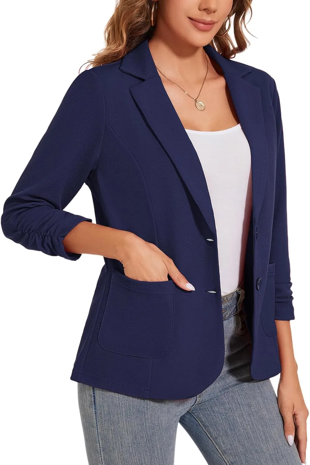 Women's Casual Button Front Blazer Jackets Ruched 3/4 Sleeve Lapel Office Work Lightweight Blazers with Pockets