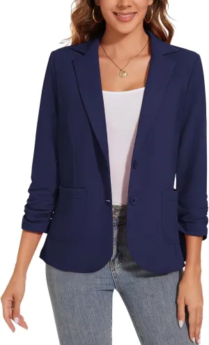 Women's Casual Button Front Blazer Jackets Ruched 3/4 Sleeve Lapel Office Work Lightweight Blazers with Pockets