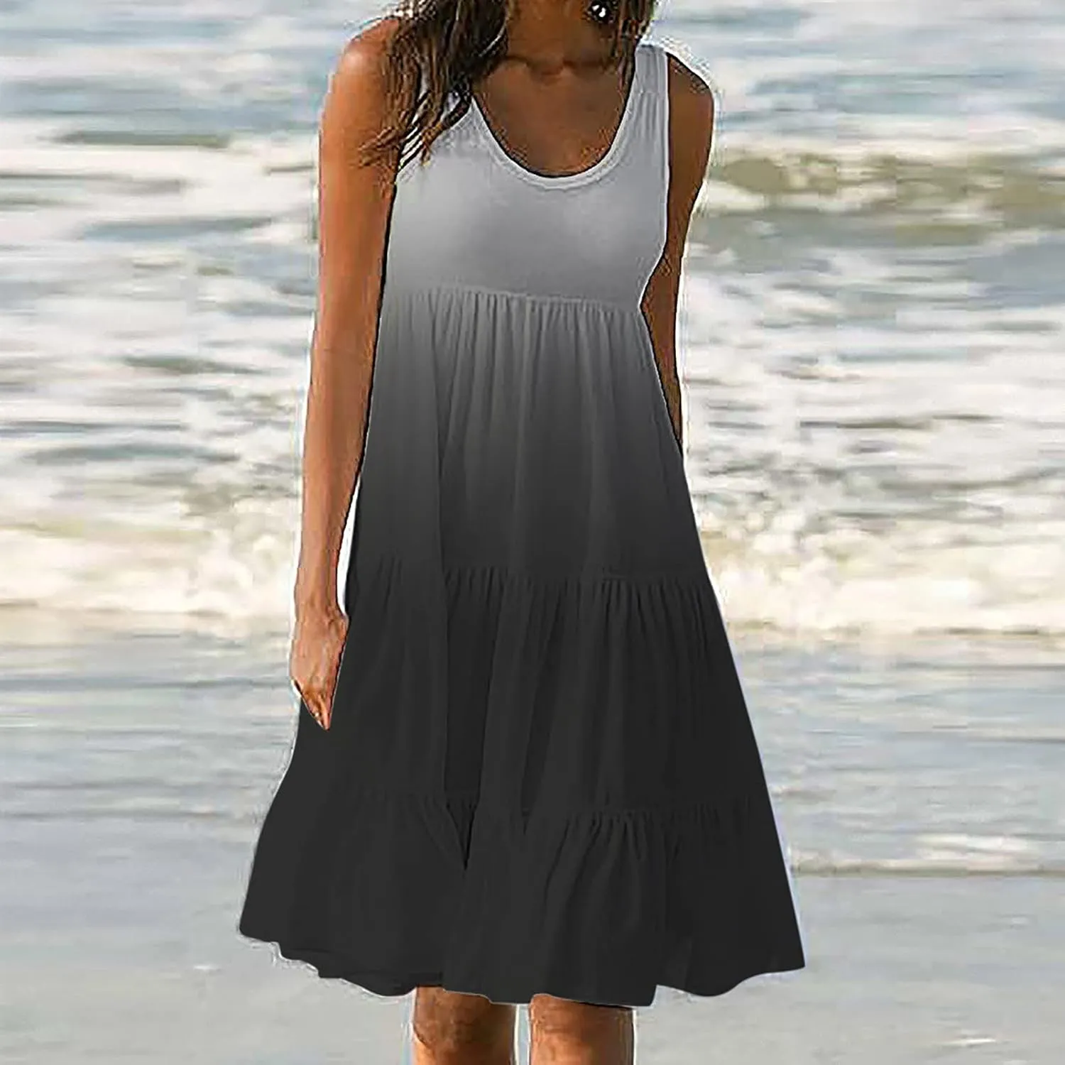 Womens Casual Dresses 2024 Loose Crew Neck Sleeveless Midi Beach Tank Dress Trendy Tie Dye Gradient Color Sundress