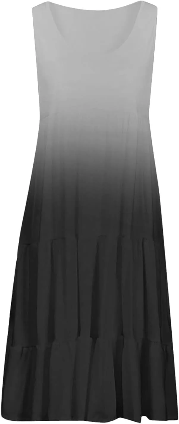 Womens Casual Dresses 2024 Loose Crew Neck Sleeveless Midi Beach Tank Dress Trendy Tie Dye Gradient Color Sundress