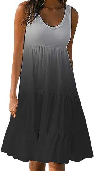 Womens Casual Dresses 2024 Loose Crew Neck Sleeveless Midi Beach Tank Dress Trendy Tie Dye Gradient Color Sundress