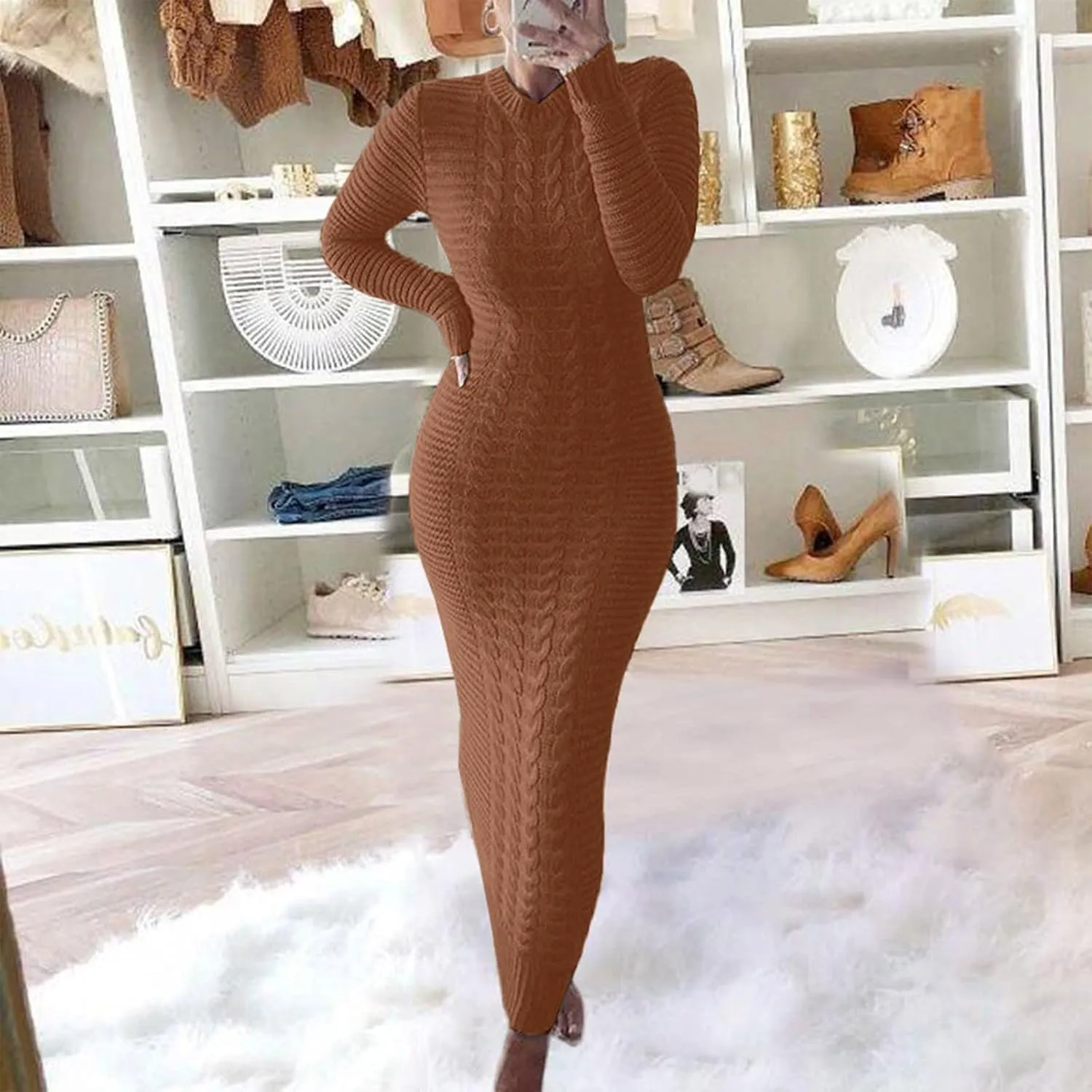 Women's Fall Winter Casual Trendy Crew Neck Long Sleeve Bodycon Knit Sweater Dress Plus Size, S-3XL