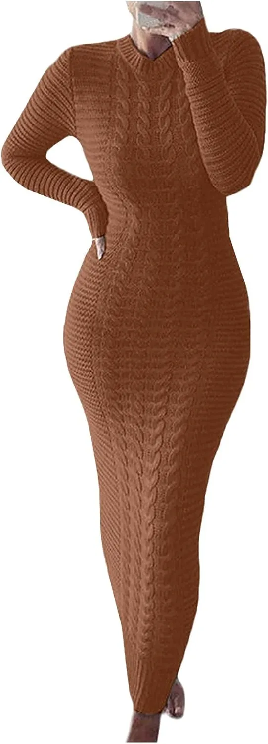Women's Fall Winter Casual Trendy Crew Neck Long Sleeve Bodycon Knit Sweater Dress Plus Size, S-3XL