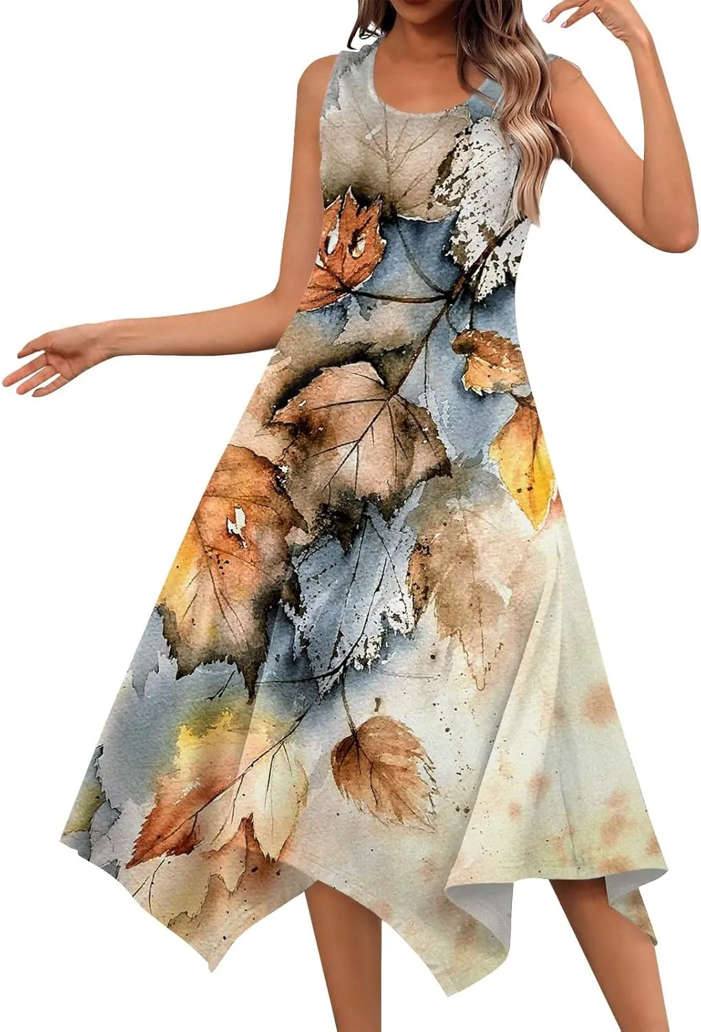 Women's Long Dresses Boho Sleeveless Dresses Summer Casual Loose Round Neck Swing Retro Print Irregular Dress