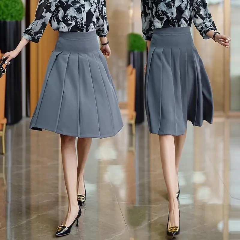 Women's Pleated Pencil Skirt, Knee Length, Black with Metal Buckle Belt