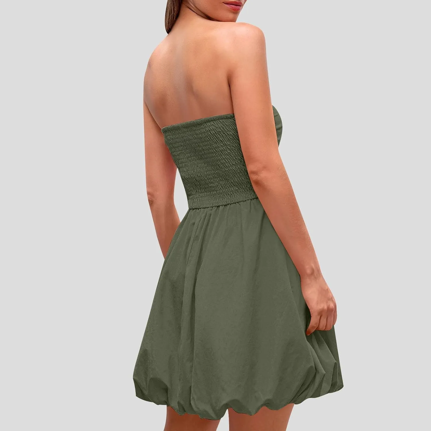 Women's Strapless Tube Top Beach Mini Dress Summer Sleeveless Smocked A Line Dresses Ruffle Beach Vacation Sundress