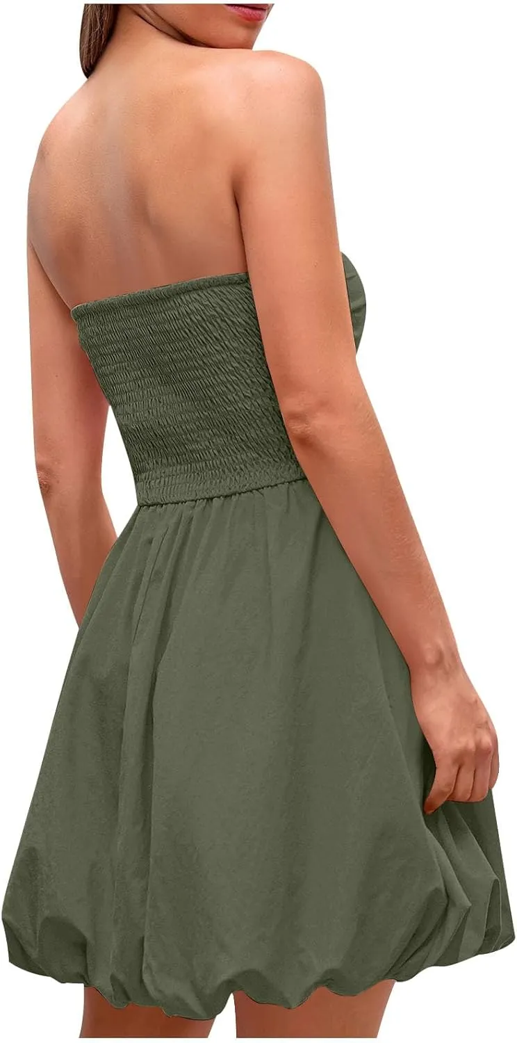 Women's Strapless Tube Top Beach Mini Dress Summer Sleeveless Smocked A Line Dresses Ruffle Beach Vacation Sundress
