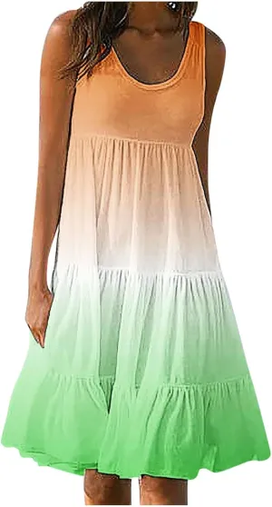 Womens Summer Dresses 2024 Trendy Tropical Casual Sleeveless Gradient Color Dress Loose Pleated Comfy Beach Sundress