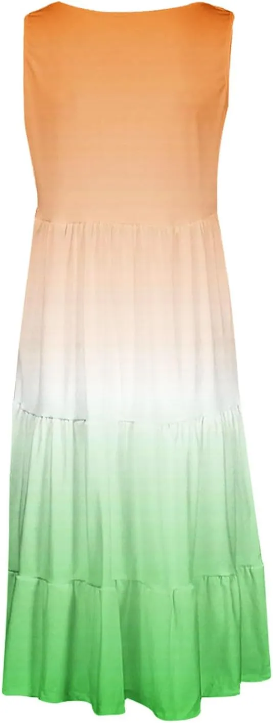 Womens Summer Dresses 2024 Trendy Tropical Casual Sleeveless Gradient Color Dress Loose Pleated Comfy Beach Sundress
