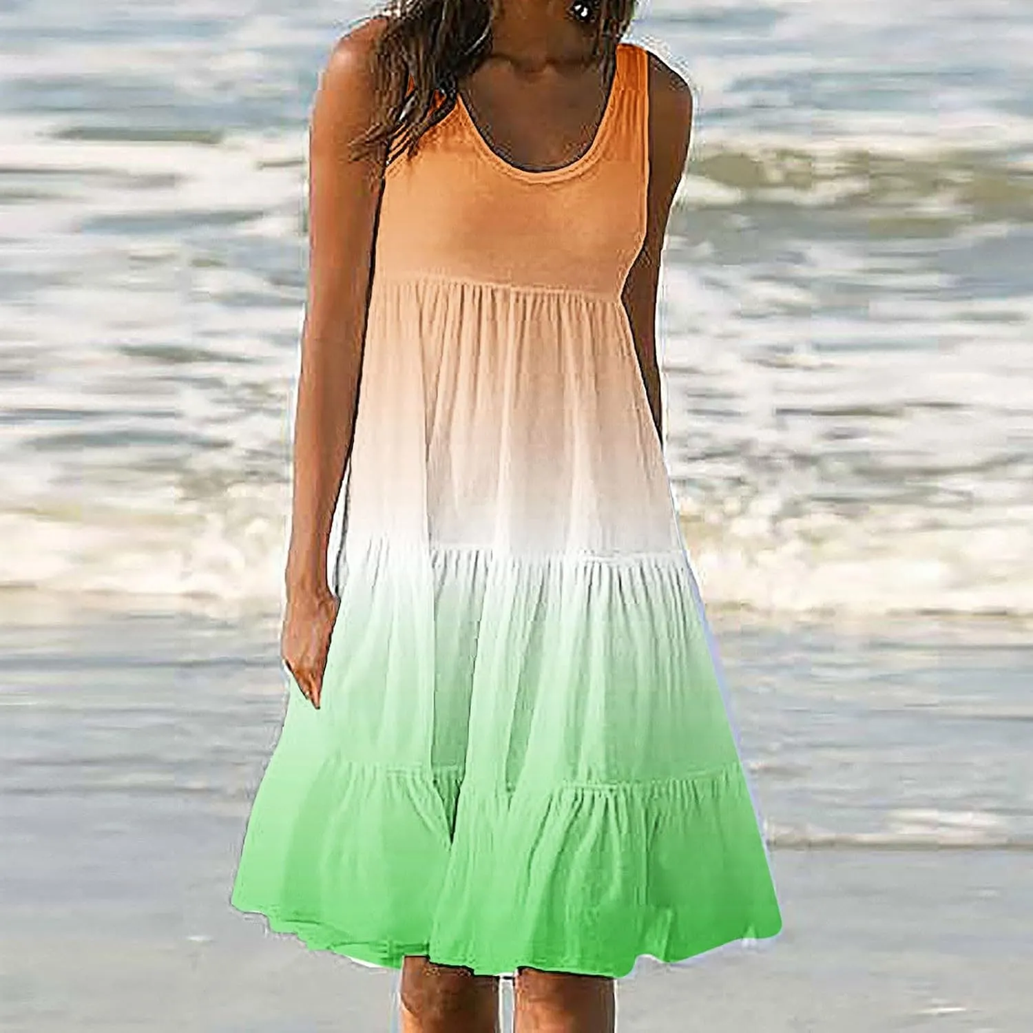 Womens Summer Dresses 2024 Trendy Tropical Casual Sleeveless Gradient Color Dress Loose Pleated Comfy Beach Sundress