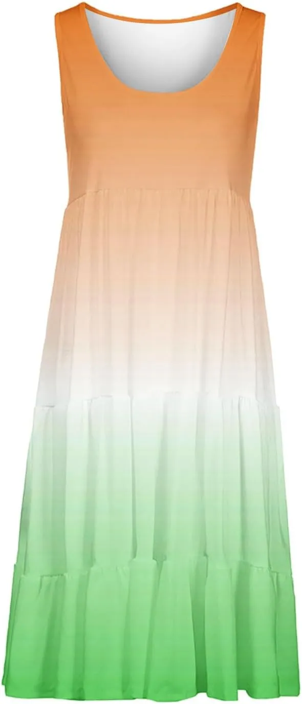 Womens Summer Dresses 2024 Trendy Tropical Casual Sleeveless Gradient Color Dress Loose Pleated Comfy Beach Sundress