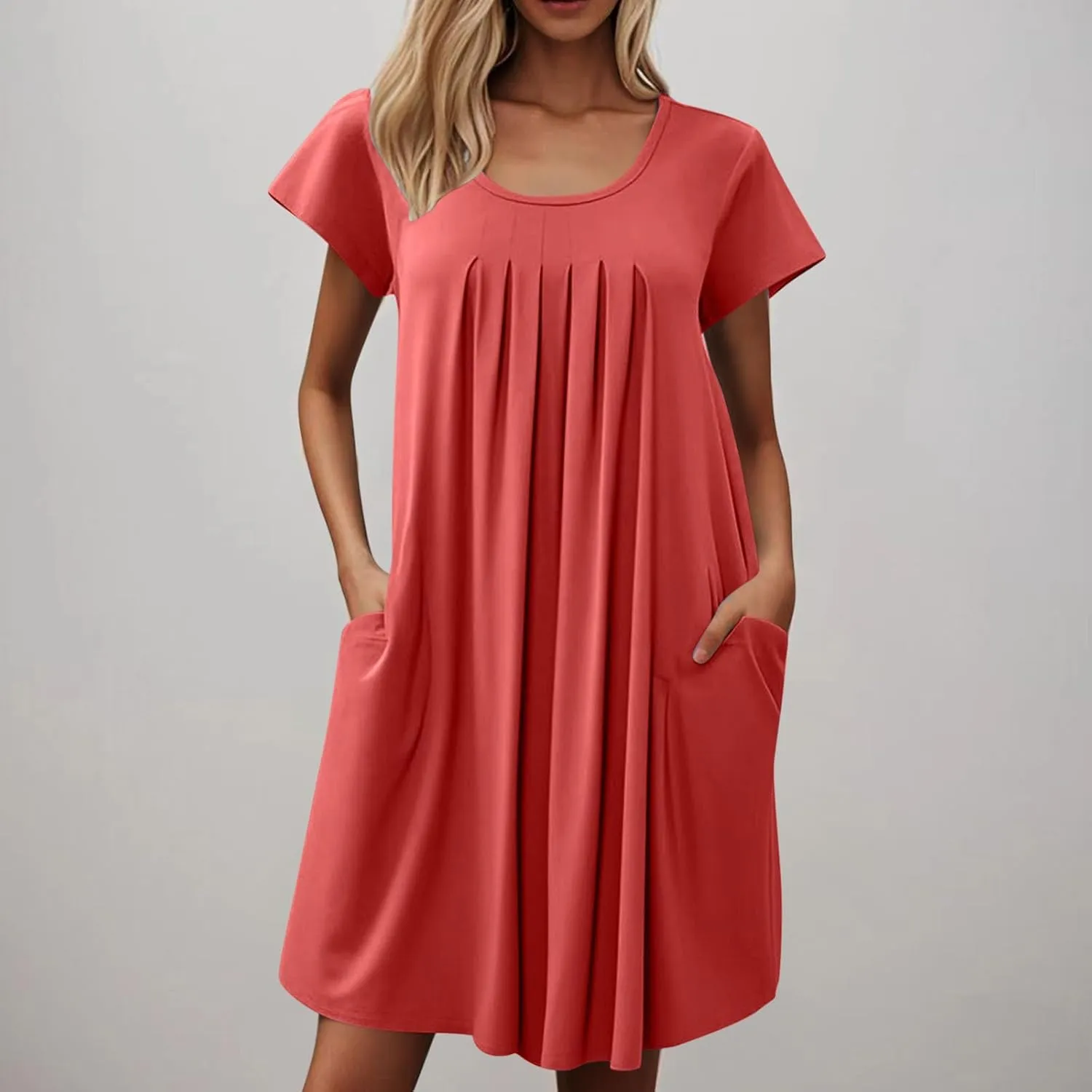Women's Summer Mini Dresses Casual Loose Beach Vacation Dress Pleated Short Sleeve Plain Tank Sundress 2025