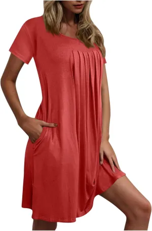Women's Summer Mini Dresses Casual Loose Beach Vacation Dress Pleated Short Sleeve Plain Tank Sundress 2025